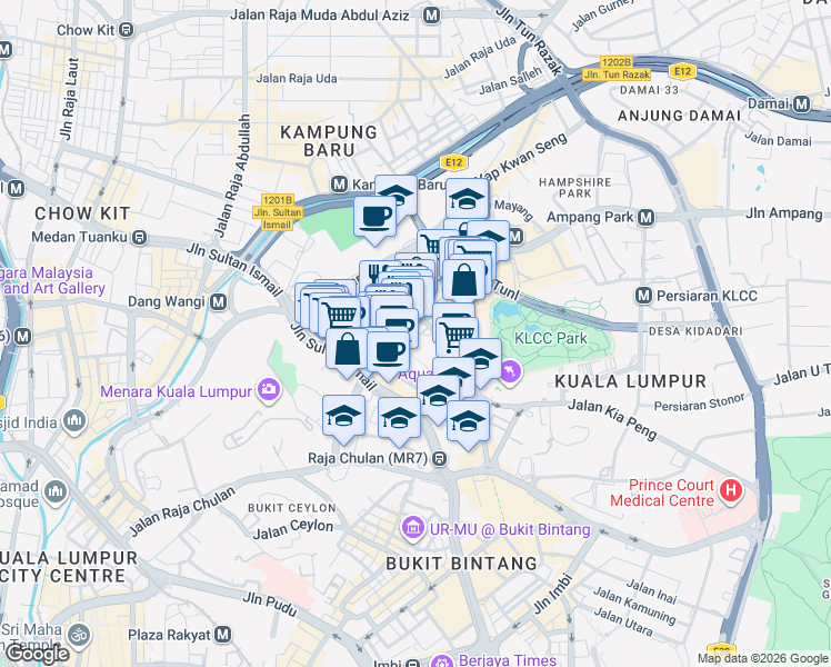 map of restaurants, bars, coffee shops, grocery stores, and more near 1 Jalan Pinang in Kuala Lumpur