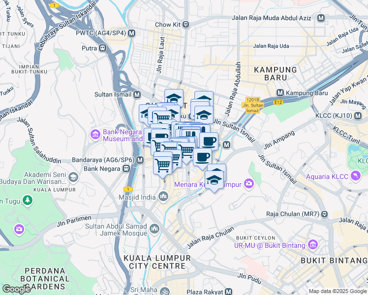 map of restaurants, bars, coffee shops, grocery stores, and more near Jalan Dang Wangi in Kuala Lumpur