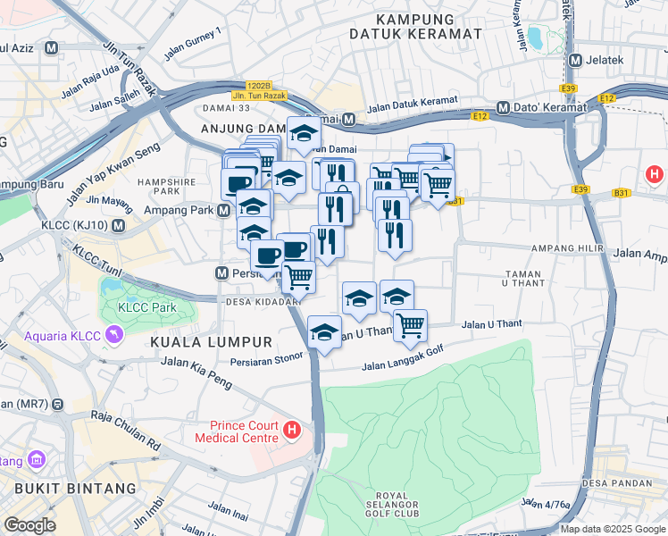 map of restaurants, bars, coffee shops, grocery stores, and more near 12 Jalan Taman U Thant in Kuala Lumpur