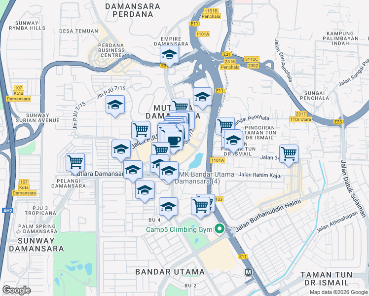 map of restaurants, bars, coffee shops, grocery stores, and more near 2 Jalan PJU 7/2 in Petaling Jaya