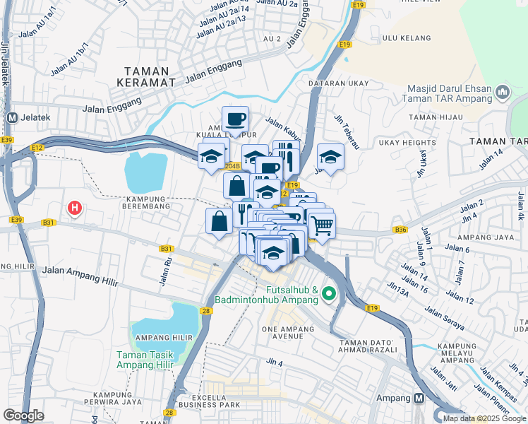 map of restaurants, bars, coffee shops, grocery stores, and more near 2 Jalan Hulu Kelang in Ampang