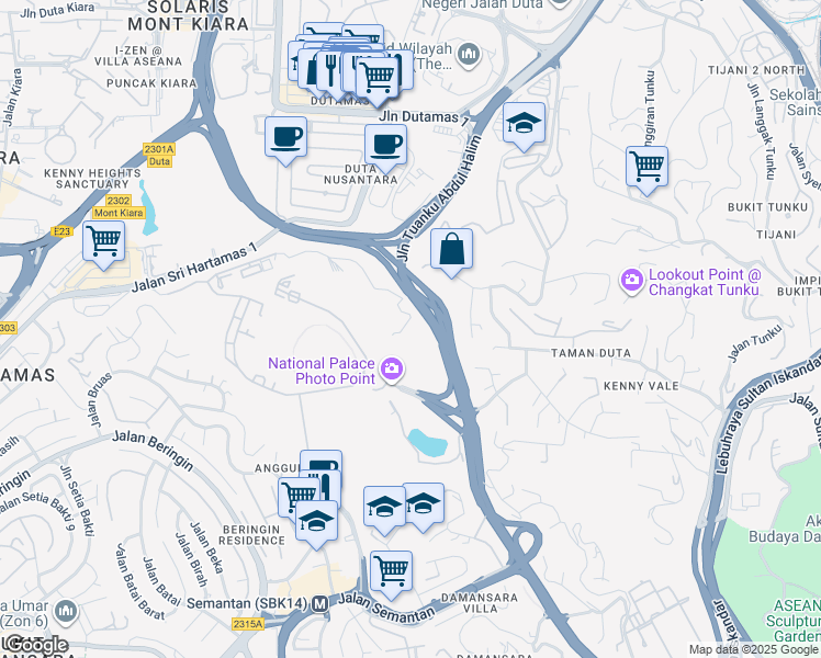 map of restaurants, bars, coffee shops, grocery stores, and more near Exit Jalan Duta in Kuala Lumpur