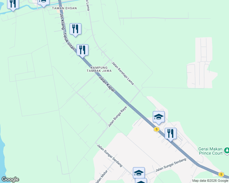 map of restaurants, bars, coffee shops, grocery stores, and more near 5182 Jalan Kapar in Jeram