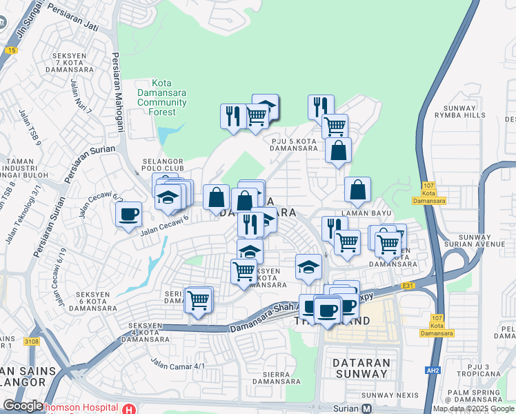 map of restaurants, bars, coffee shops, grocery stores, and more near in Petaling Jaya