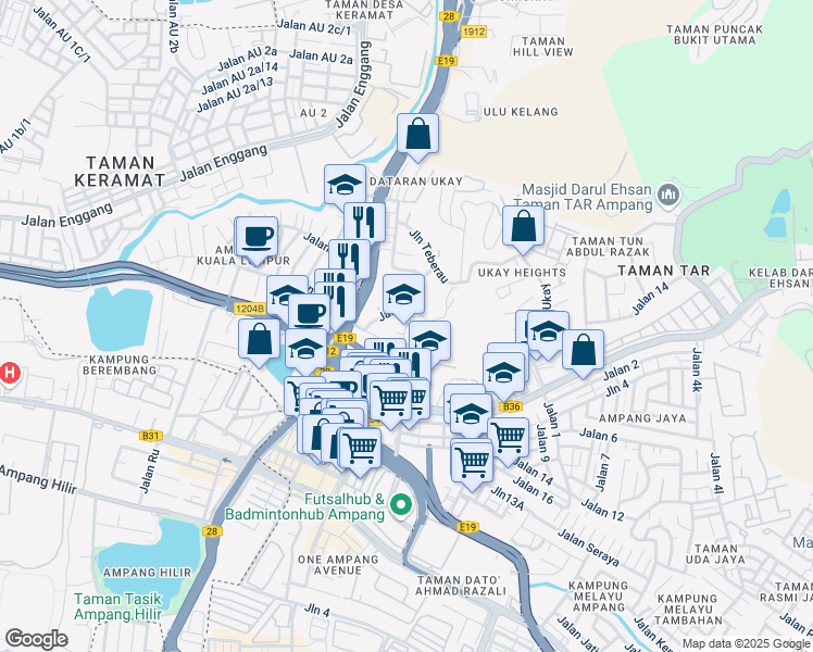 map of restaurants, bars, coffee shops, grocery stores, and more near 16 Jalan Pakat in Ampang