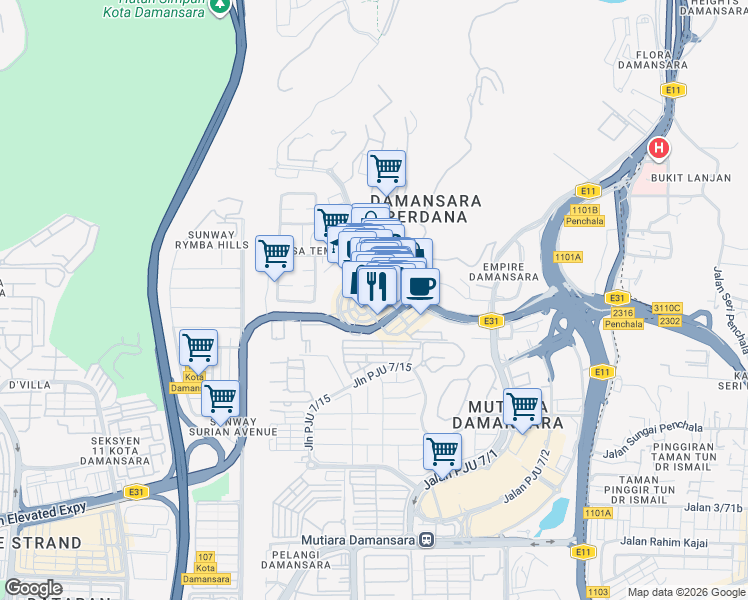 map of restaurants, bars, coffee shops, grocery stores, and more near Jalan PJU 8/5g in Petaling Jaya