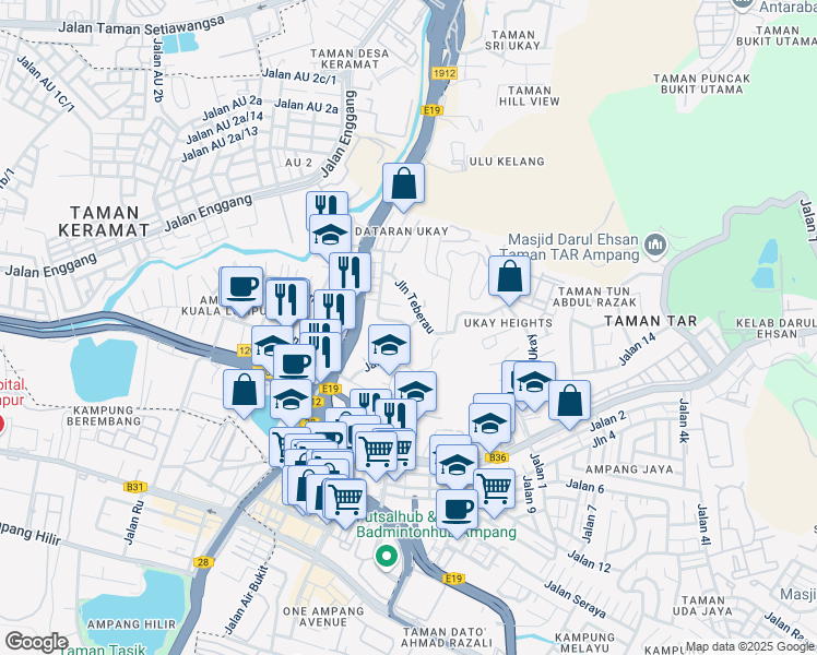 map of restaurants, bars, coffee shops, grocery stores, and more near 1 Jalan Pimping in Ampang