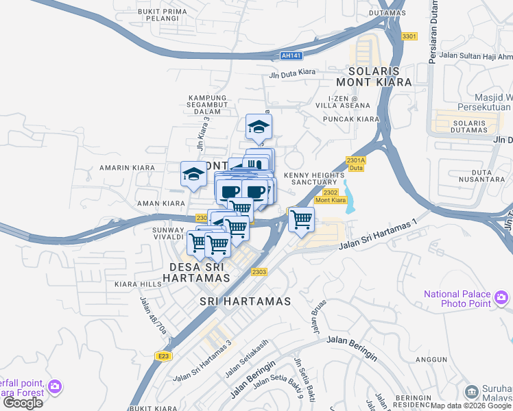map of restaurants, bars, coffee shops, grocery stores, and more near 1 Jalan Kiara in Kuala Lumpur