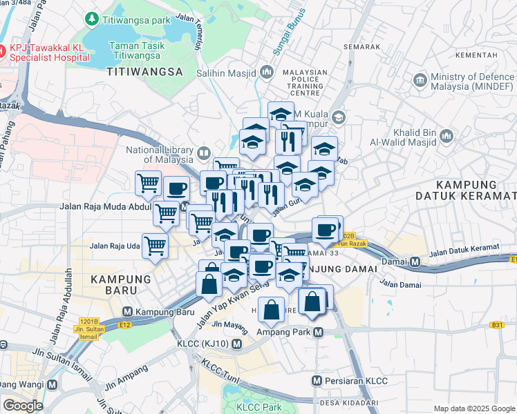 map of restaurants, bars, coffee shops, grocery stores, and more near 3 Jalan Semarak in Kuala Lumpur
