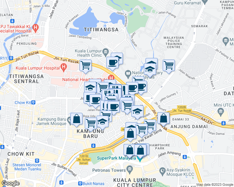 map of restaurants, bars, coffee shops, grocery stores, and more near Jalan Tun Razak in Kuala Lumpur
