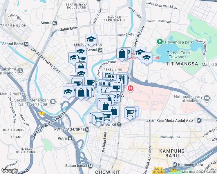 map of restaurants, bars, coffee shops, grocery stores, and more near Jalan Pekeliling Lama in Kuala Lumpur