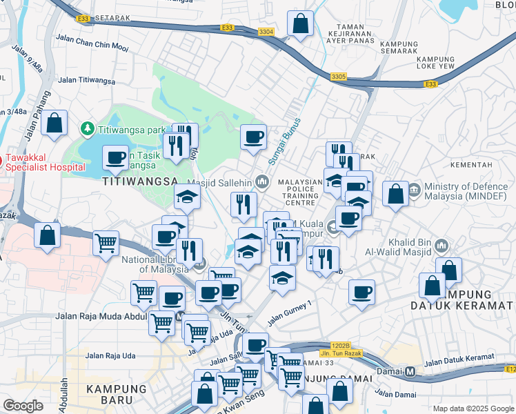 map of restaurants, bars, coffee shops, grocery stores, and more near Jalan Kinabalu in Kuala Lumpur