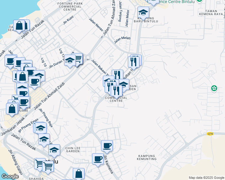 map of restaurants, bars, coffee shops, grocery stores, and more near Jalan Sultan Iskandar in Bintulu