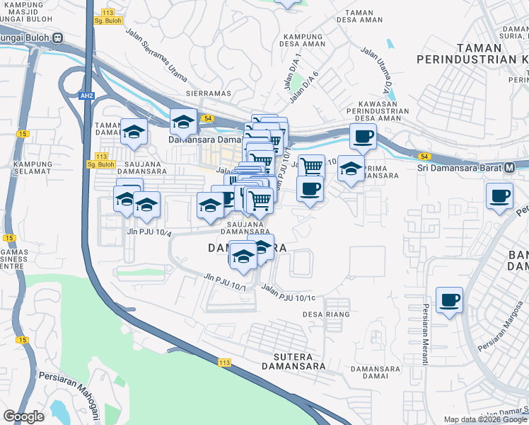 map of restaurants, bars, coffee shops, grocery stores, and more near 14 Jalan PJU 10/2b in Petaling Jaya