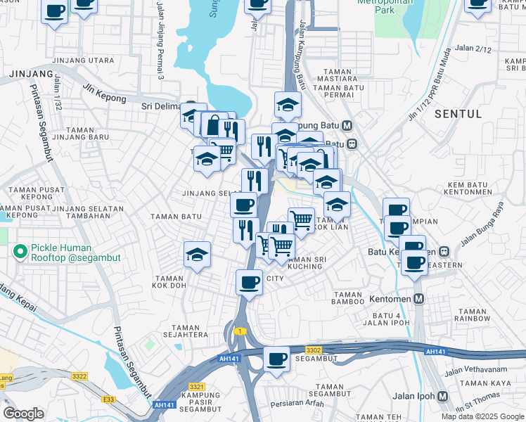 map of restaurants, bars, coffee shops, grocery stores, and more near Jalan Kuching in Kuala Lumpur