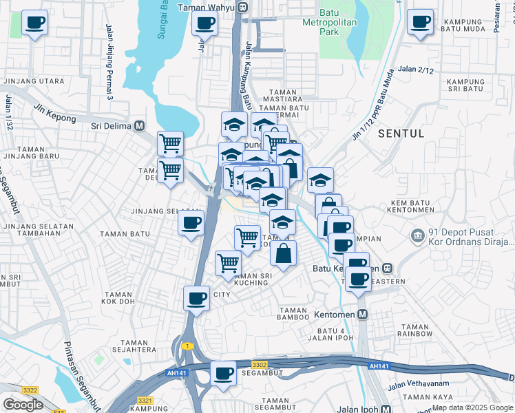 map of restaurants, bars, coffee shops, grocery stores, and more near Jalan Batu Batan in Kuala Lumpur