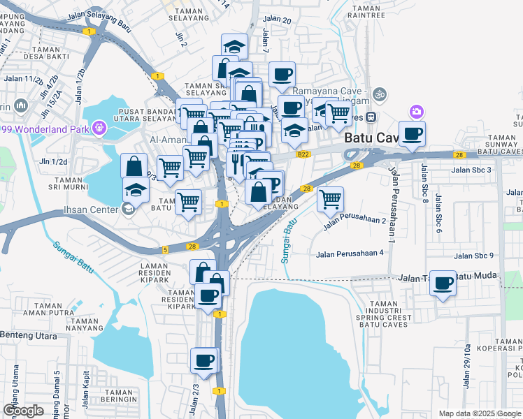 map of restaurants, bars, coffee shops, grocery stores, and more near Jalan Medan Selayang 2 in Batu Caves