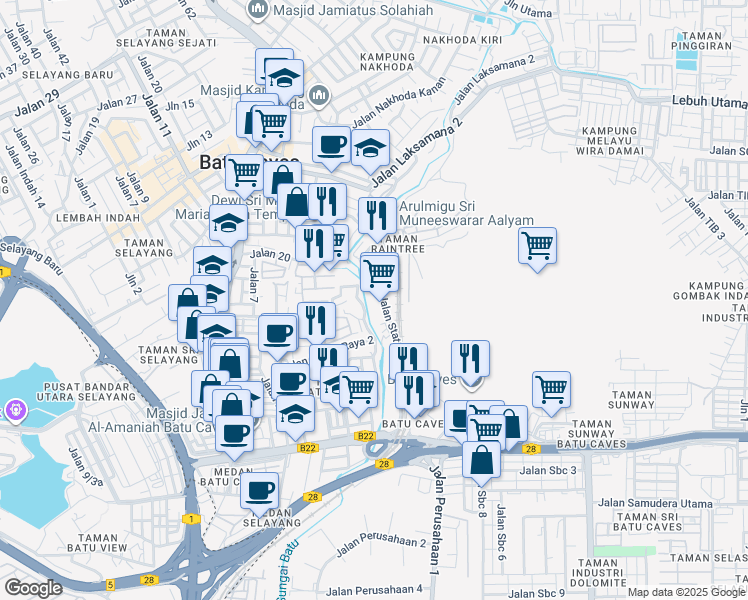 map of restaurants, bars, coffee shops, grocery stores, and more near Jalan Raintree Utama in Batu Caves