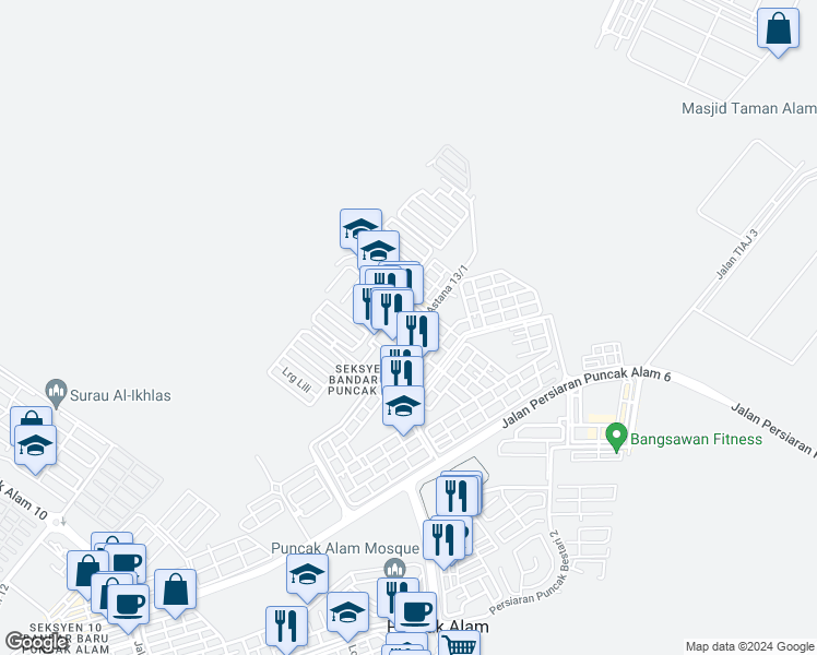map of restaurants, bars, coffee shops, grocery stores, and more near 24 Jalan Astana D 13/D in Bandar Puncak Alam