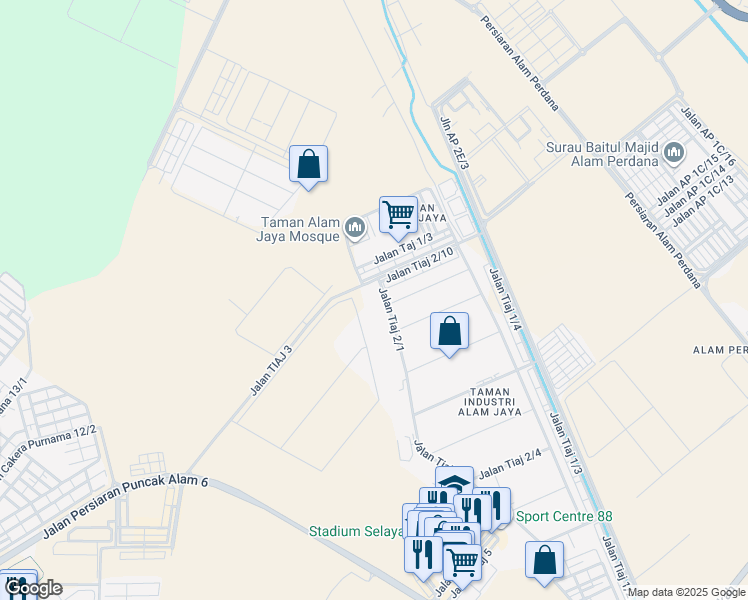 map of restaurants, bars, coffee shops, grocery stores, and more near 57 Jalan Tiaj 2/1 in Puncak Alam
