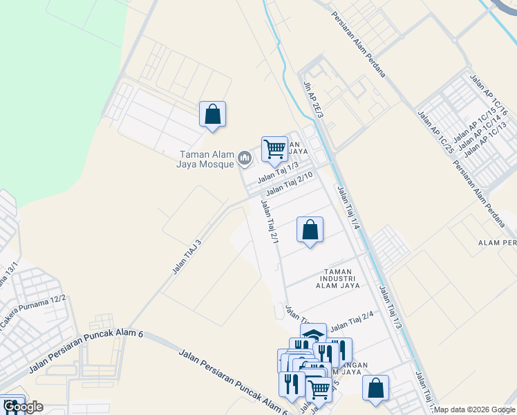 map of restaurants, bars, coffee shops, grocery stores, and more near 57 Jalan Tiaj 2/1 in Puncak Alam