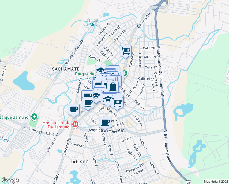 map of restaurants, bars, coffee shops, grocery stores, and more near 12-56 Carrera 10 in Jamundí
