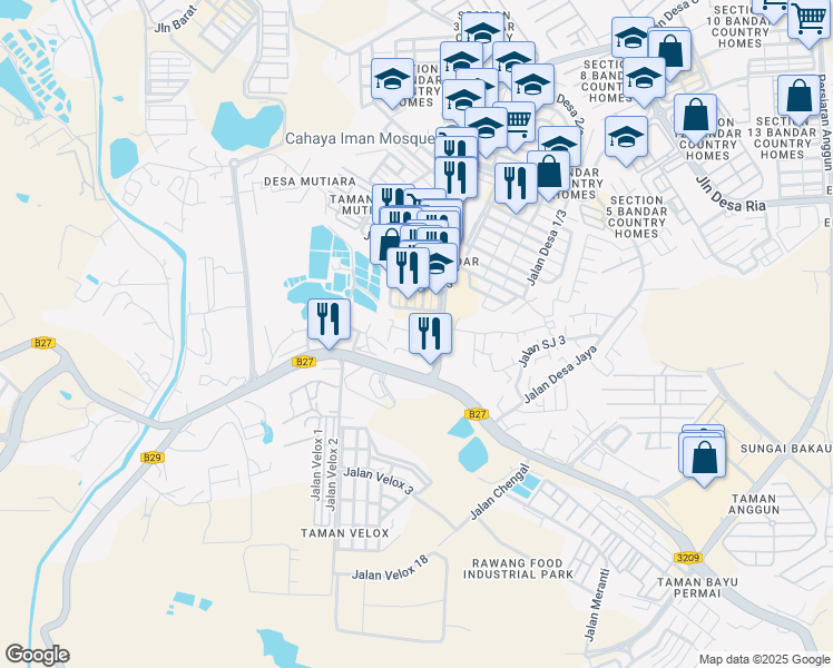map of restaurants, bars, coffee shops, grocery stores, and more near Jalan Batu Arang in Rawang