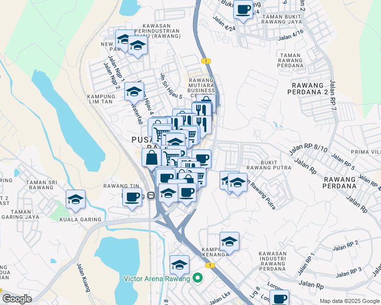 map of restaurants, bars, coffee shops, grocery stores, and more near Jalan Bandar Rawang 1 in Rawang
