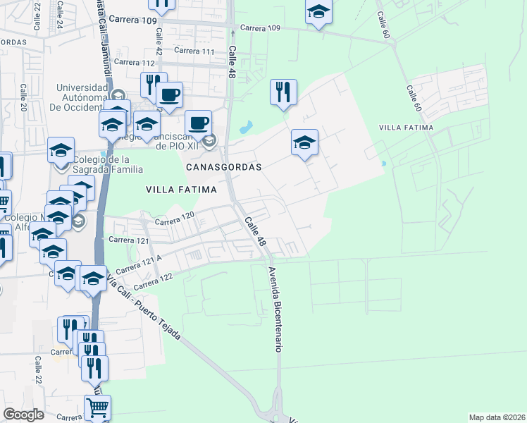 map of restaurants, bars, coffee shops, grocery stores, and more near 120-52 Calle 49 in Cali
