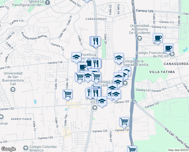 map of restaurants, bars, coffee shops, grocery stores, and more near 118-250 Calle 18 in Cali