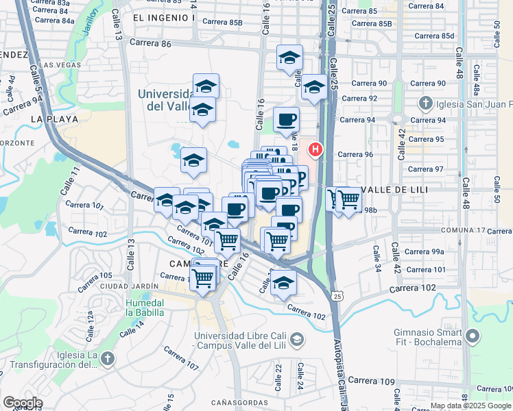 map of restaurants, bars, coffee shops, grocery stores, and more near 98100 Calle 16 in Cali