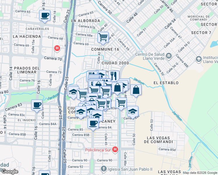 map of restaurants, bars, coffee shops, grocery stores, and more near 4553 Carrera 80a in Cali