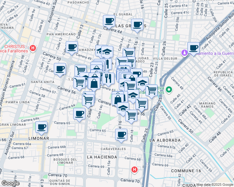map of restaurants, bars, coffee shops, grocery stores, and more near 15-56 Carrera 53 in Cali