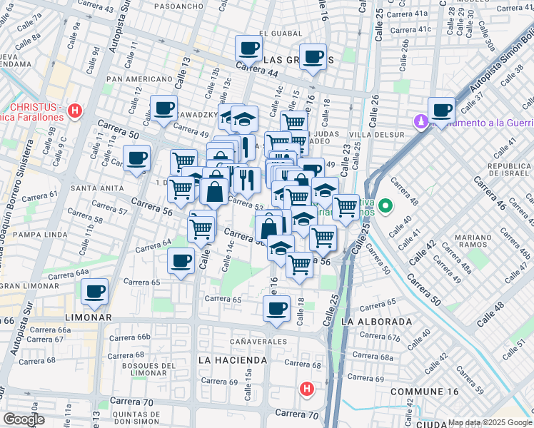 map of restaurants, bars, coffee shops, grocery stores, and more near 15-56 Carrera 53 in Cali