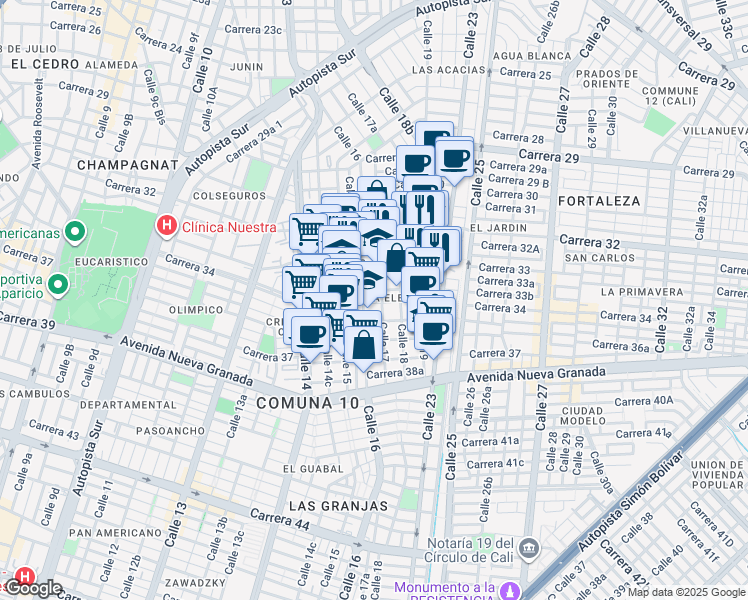map of restaurants, bars, coffee shops, grocery stores, and more near 16-31 Carrera 34 in Cali
