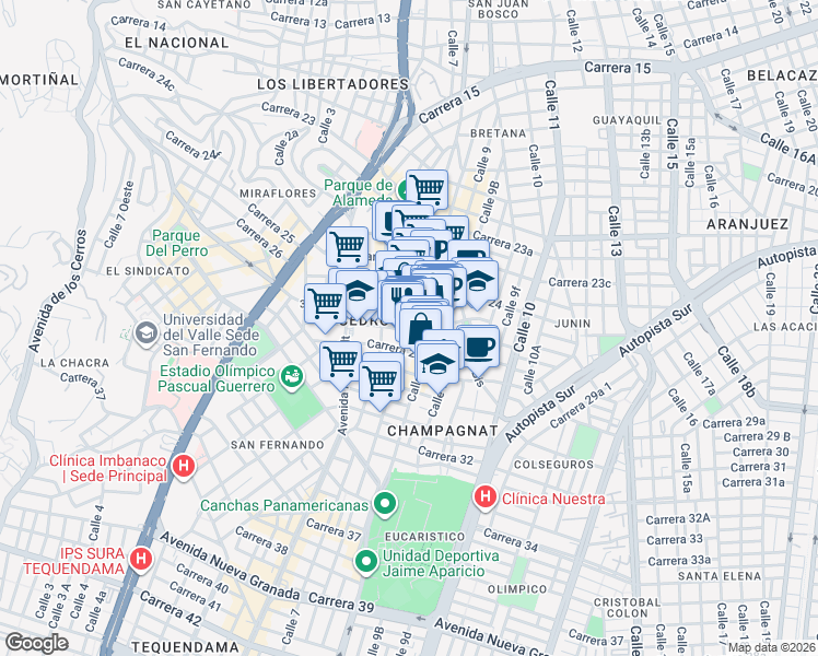 map of restaurants, bars, coffee shops, grocery stores, and more near 87 Carrera 28 in Cali