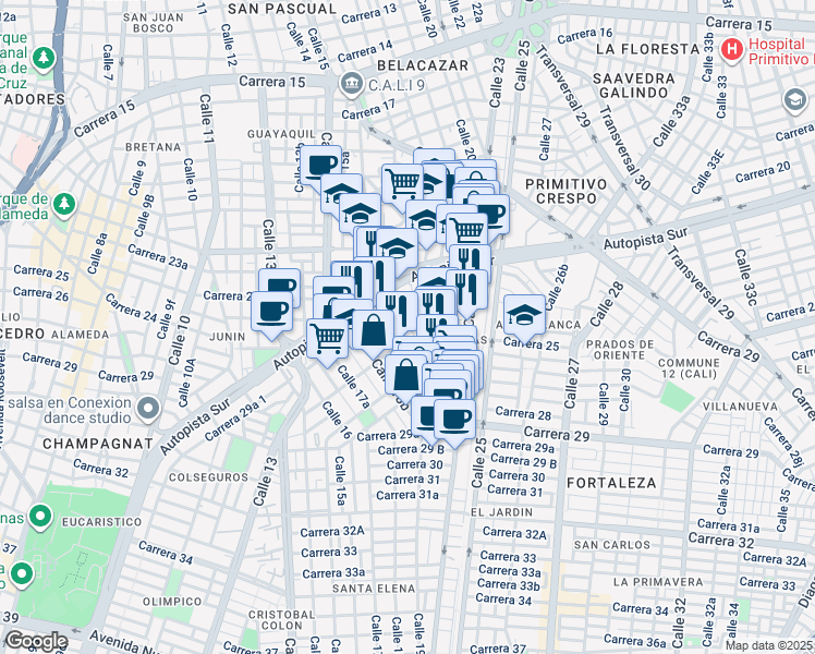 map of restaurants, bars, coffee shops, grocery stores, and more near 23B1-23B99 Calle 19 in Cali