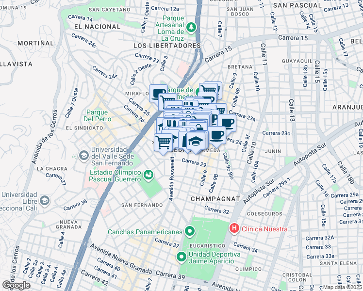 map of restaurants, bars, coffee shops, grocery stores, and more near 6a8 Carrera 27 in Cali