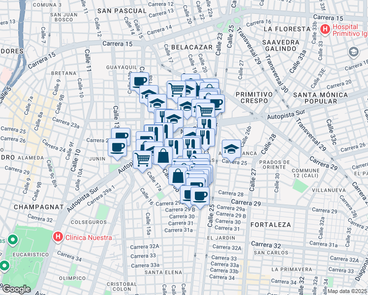 map of restaurants, bars, coffee shops, grocery stores, and more near 24-71 Calle 18f in Cali