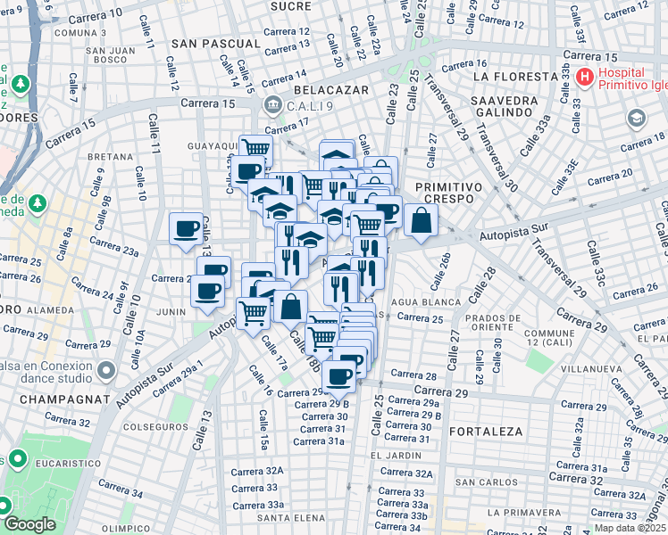 map of restaurants, bars, coffee shops, grocery stores, and more near 23-55 Calle 19 in Cali