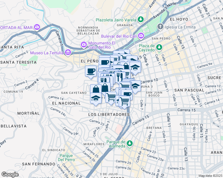 map of restaurants, bars, coffee shops, grocery stores, and more near # 10-76 Calle 3 in Cali