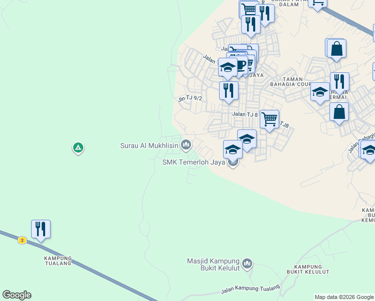 map of restaurants, bars, coffee shops, grocery stores, and more near 16 Jalan Temerloh Jaya Indah 2/2 in Temerloh