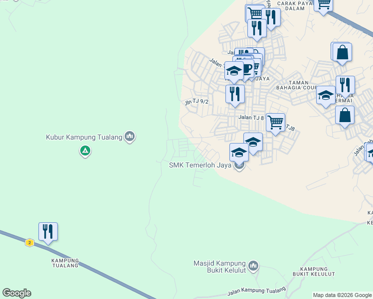 map of restaurants, bars, coffee shops, grocery stores, and more near 16 Jalan Temerloh Jaya Indah 2/2 in Temerloh