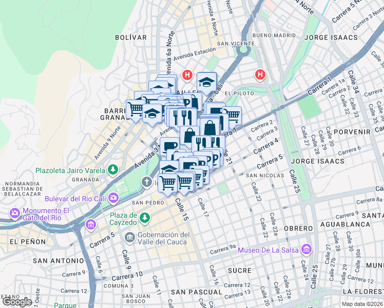 map of restaurants, bars, coffee shops, grocery stores, and more near 18-08 Carrera 1 in Cali