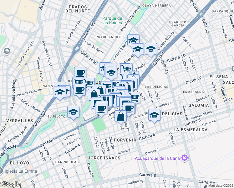 map of restaurants, bars, coffee shops, grocery stores, and more near 2n84 Calle 34 Norte in Cali