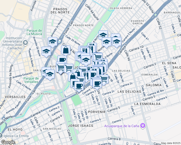map of restaurants, bars, coffee shops, grocery stores, and more near 2n84 Calle 34 Norte in Cali