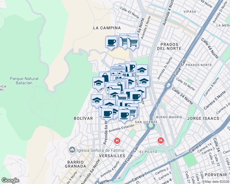 map of restaurants, bars, coffee shops, grocery stores, and more near 87 Carrera 28 in Cali