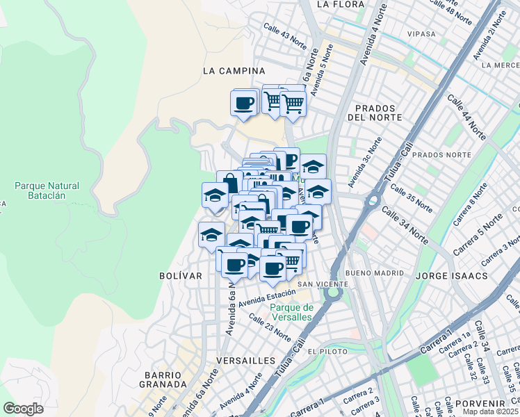 map of restaurants, bars, coffee shops, grocery stores, and more near 76 Avenida 6 Bis Norte in Cali