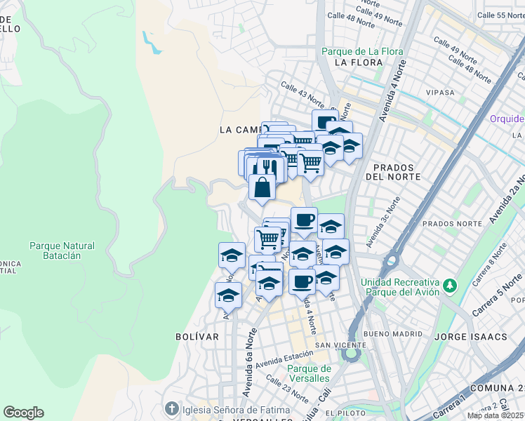 map of restaurants, bars, coffee shops, grocery stores, and more near Avenida 6c Norte in Cali