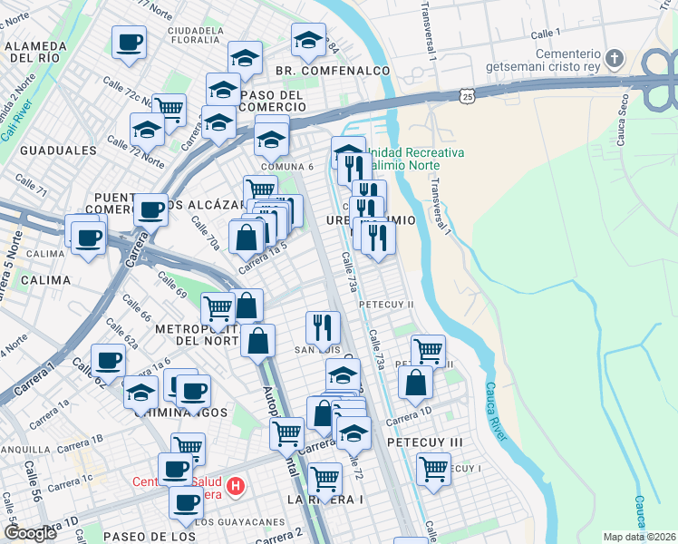 map of restaurants, bars, coffee shops, grocery stores, and more near 6 Carrera 1A in Cali